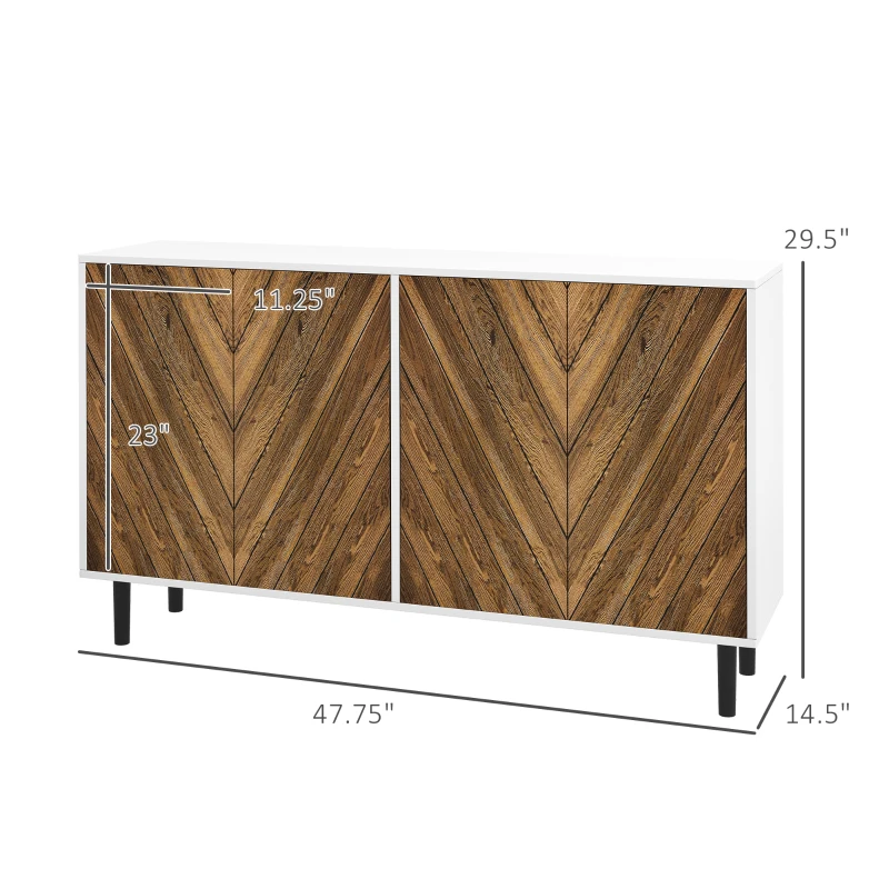 HOMCOM Sideboard Cabinet Kitchen Buffet Cabinet with Adjustable Shelves, 4 Chevron Doors and Pine Wood Legs, Brown