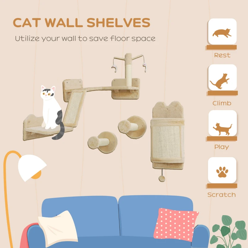 PawHut 4pc Corner Design Cat Wall Shelf with Scratching Post, Scratching Board, Perches, Cat Wands & Toy Ball, Beige