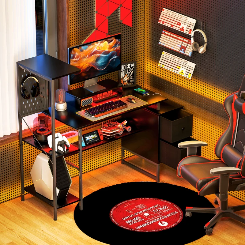 HOMCOM 56" Computer Desk with Storage, Computer Table with Power Outlets and LED Lights, Black