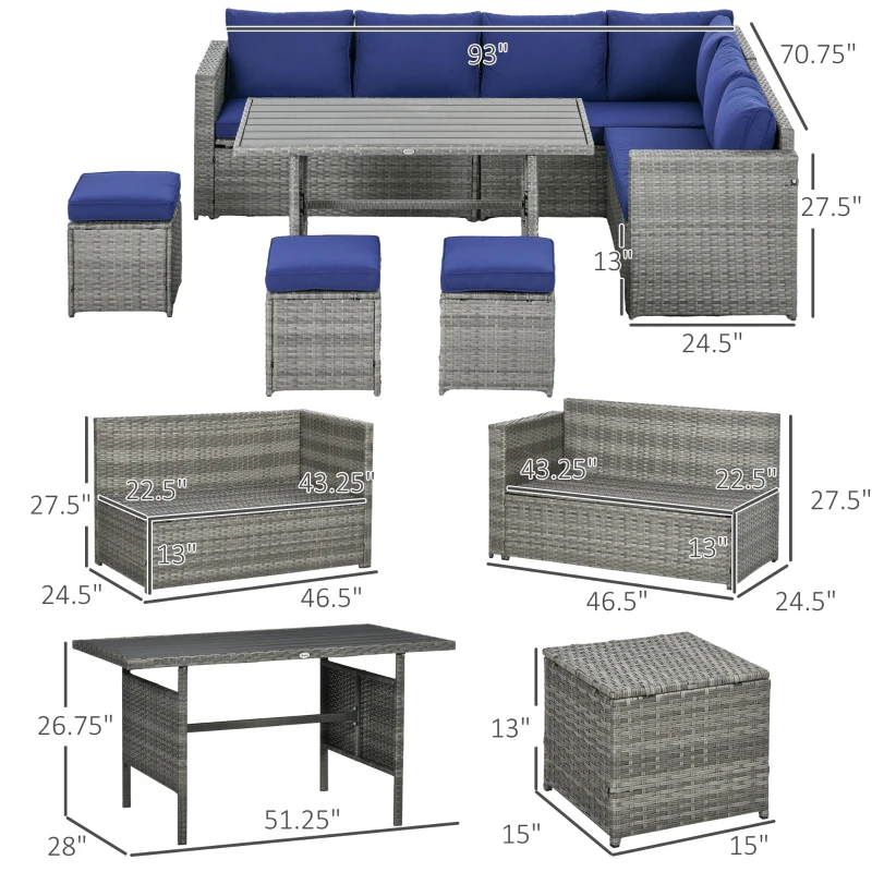 Outsunny 7 Piece Rattan Patio Furniture Set, Outdoor L-Shaped Sectional Sofa Conversation Set with Cushions, Storage, Dark Blue