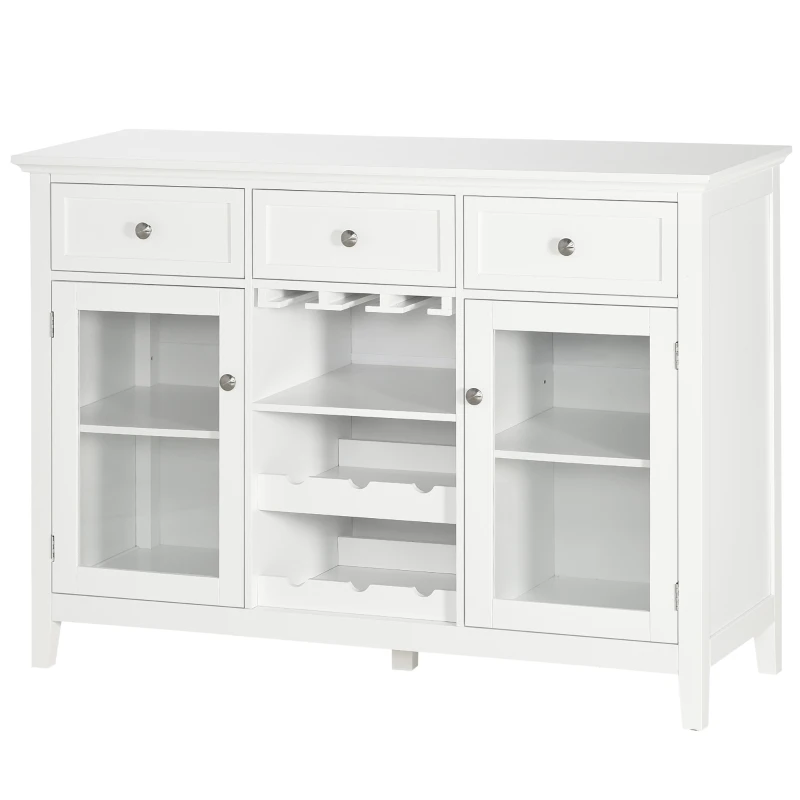 HOMCOM Coffee Bar Cabinet with 3 Drawers, 6-Bottle Wine Rack, Stemware Racks, Glass Door, Sideboard Buffet Cabinet, Wine Cabinet, White