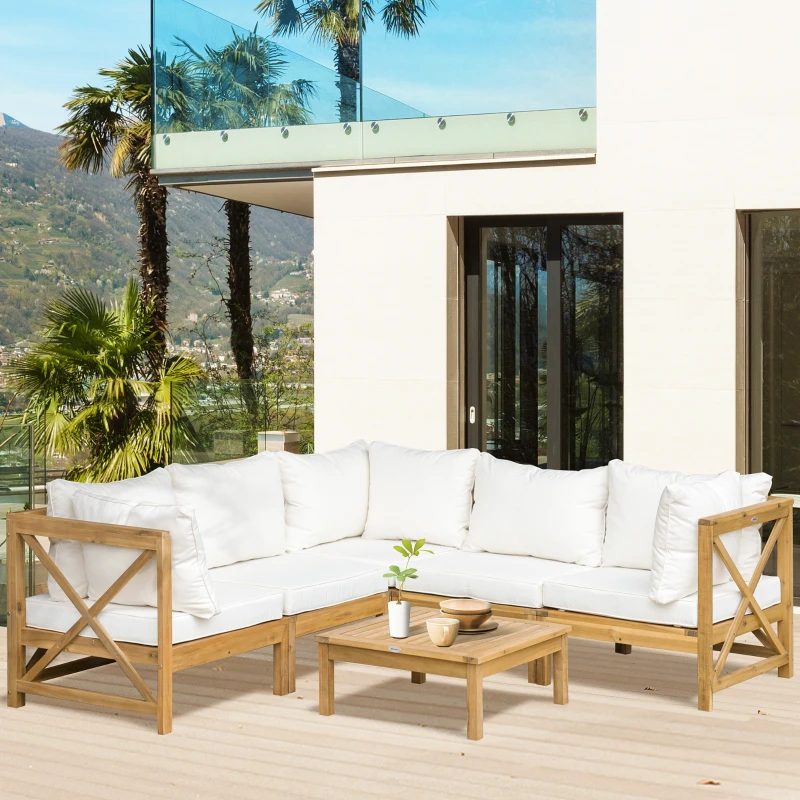 Outsunny 6-Piece Wooden Patio Sofa Sectional Set with 5 Sofas, 1 Coffee Table, 5 Cushions & 8 Pillows, Cream White