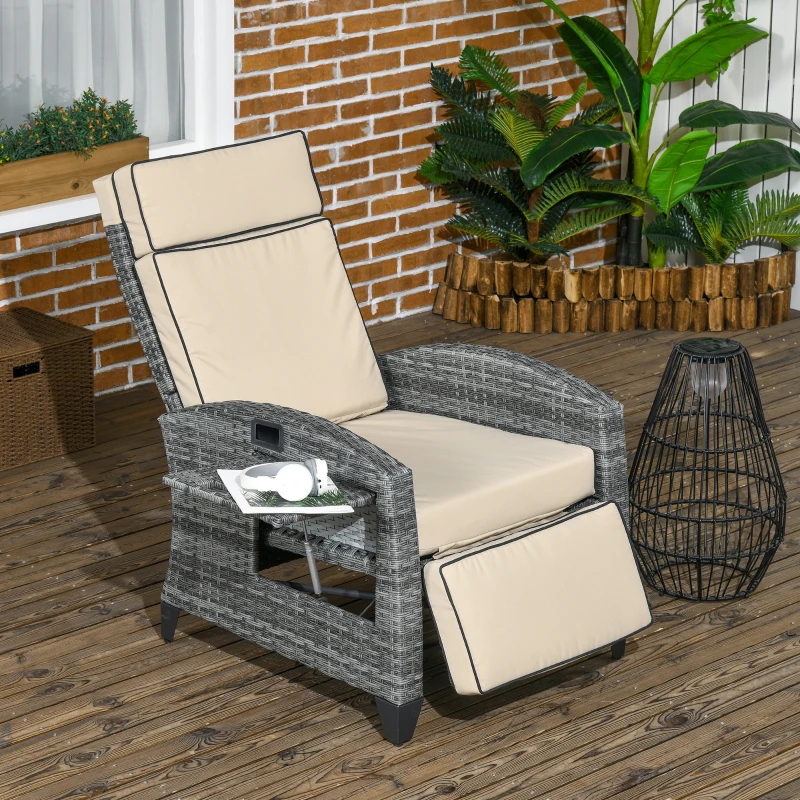 Outsunny Outdoor Recliner Chair with Cushions, Reclining Patio Lounge Chair with Adjustable Footrest, Armrests, Tray Table, Khaki