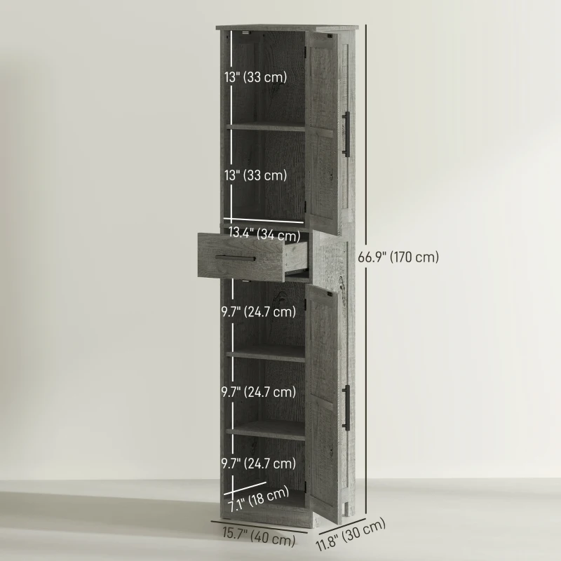 HOMCOM 67" Tall Bathroom Cabinet, Narrow Bathroom Storage Cabinet with Drawer, Barn Doors and Adjustable Shelves, Dark Grey
