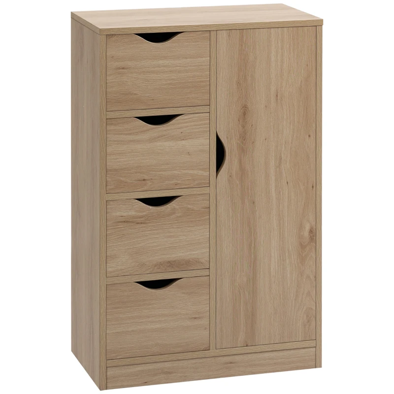HOMCOM Freestanding Storage Cabinet, Bathroom Floor Cabinet with 4 Drawers and Door, Oak