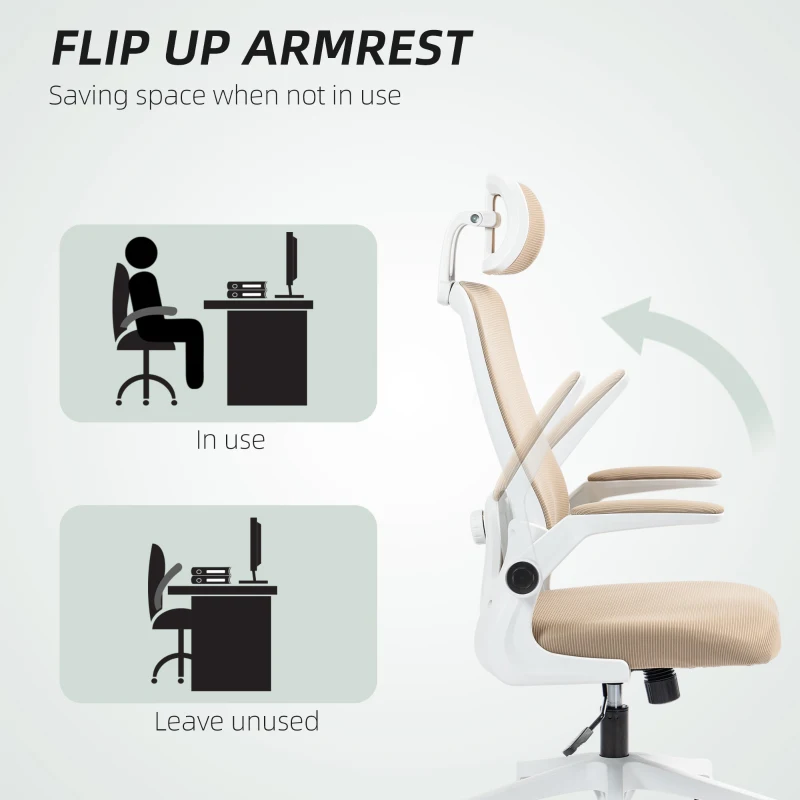 HOMCOM Mesh Office Chair, Ergonomic Desk Chair with Flip-up Armrest, Rotatable Headrest, Adjustable Lumbar Support, Khaki