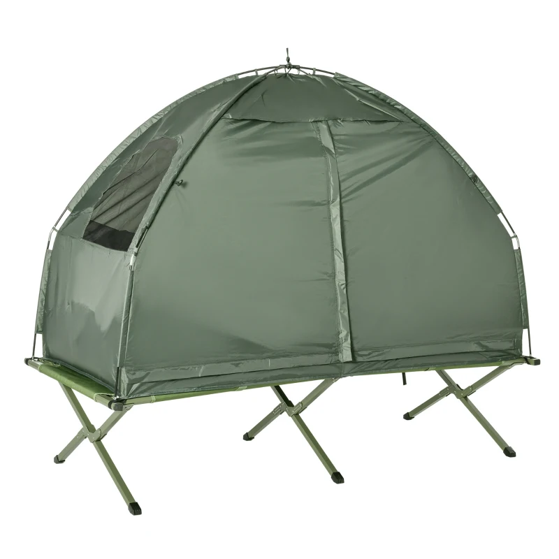 Outsunny All-in-One Folding Camping Cots for Adults, Elevated Tent with Sleeping Bag, Thick Air Mattress Pad, Portable Single Sleeping Cot Camping Bed