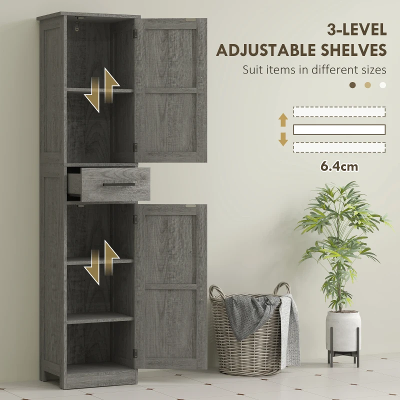 HOMCOM 67" Tall Bathroom Cabinet, Narrow Bathroom Storage Cabinet with Drawer, Barn Doors and Adjustable Shelves, Dark Grey
