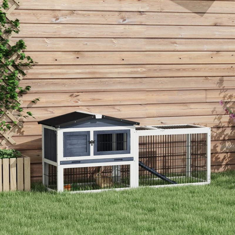 PawHut 2 Level 59" Outdoor Rabbit Hutch with Openable Top, Dark Gray
