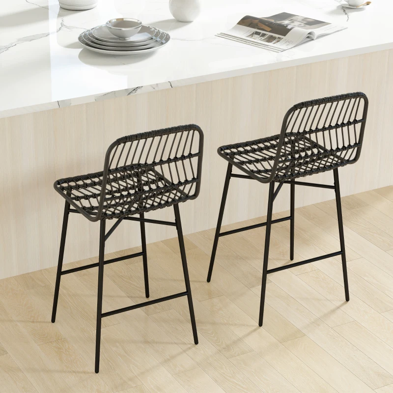 HOMCOM Rattan Counter Bar Stools Set of 2, 26" Counter Height Barstools with Back, Bar Chairs for Kitchen Island, Black