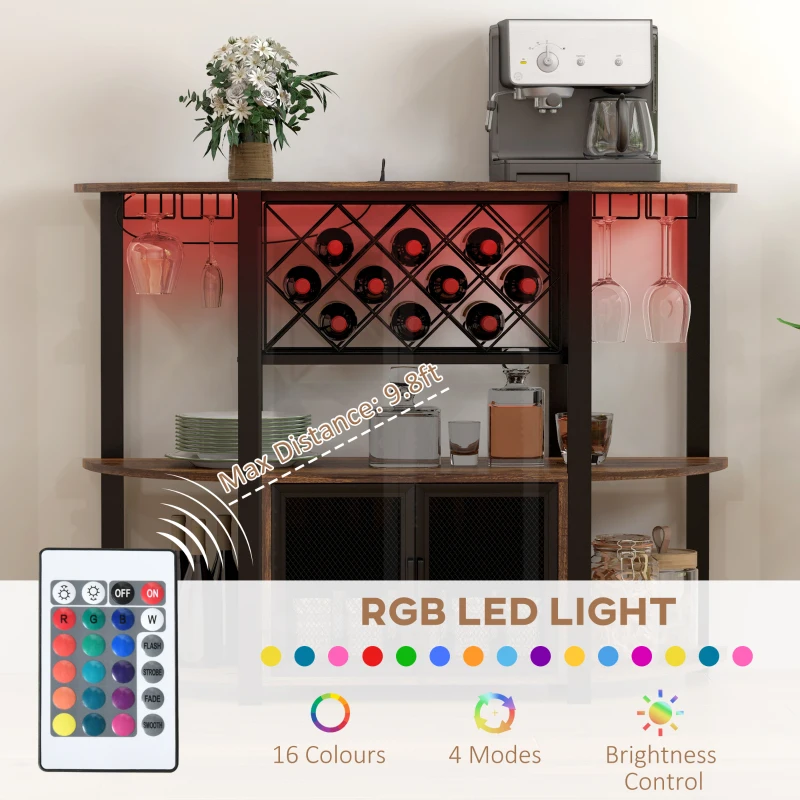 HOMCOM Wine Bar Cabinet with Charging Station, LED Lighted Liquor Cabinet with Wine Racks and Glass Holders, Rustic Brown