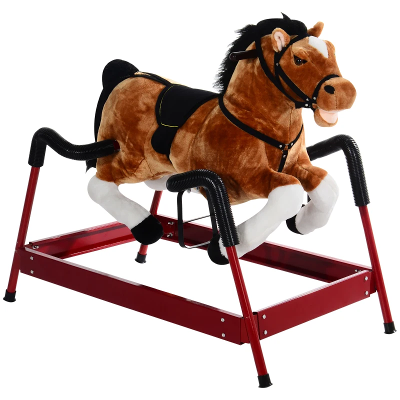 Qaba Durable Kids Plush Spring Rocking Horse, Ride On Rocking Horse with Realistic Sounds, Brown