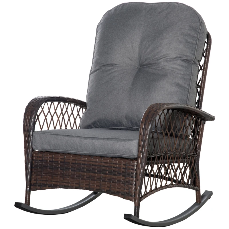 Outsunny Rattan Porch Rocker w/ Plush Cushion, Gray