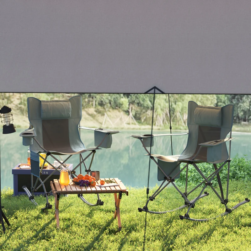 Outsunny Folding Rocking Camping Chairs, Portable Chairs with Headrest, Cooler Bag, Cup Holder, Carry Bag, 2 Pack, Gray