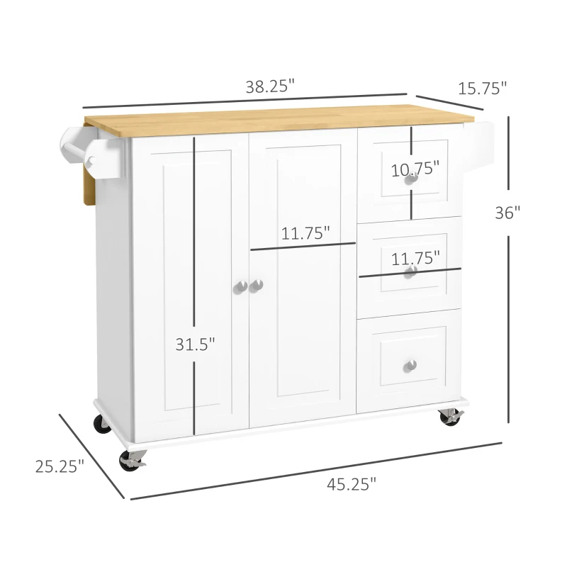 HOMCOM Kitchen Island with Drop Leaf, Rolling Kitchen Cart on Wheels with 3 Drawers, Cabinet, Natural Wood Top, Spice Rack and Towel Rack, White