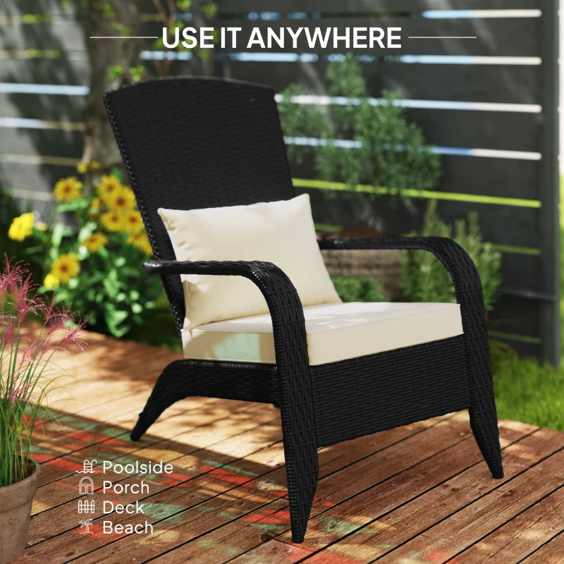 Outsunny Patio Wicker Adirondack Chair, Outdoor Rattan Fire Pit Chairs w/ Soft Cushions, Tall Backrest, Tilted Seat, Cream White