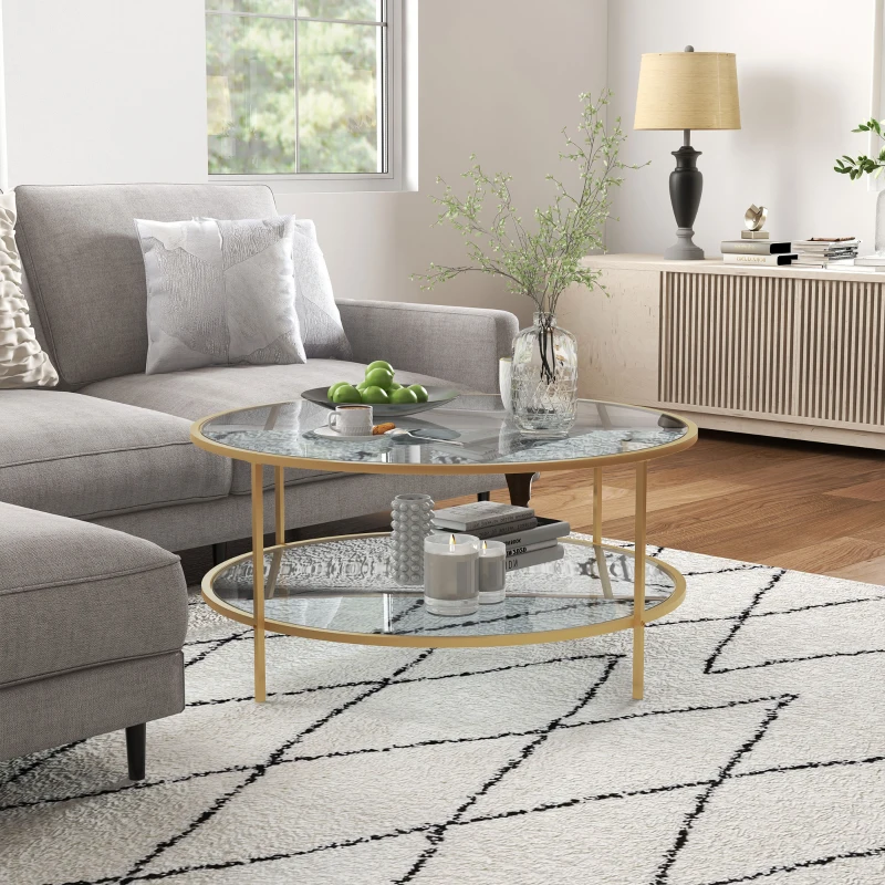 HOMCOM Side Table with Storage, 36" Round End Table, 2-Tier Tempered Glass Coffee Table with Steel Frame for Living Room, Gold