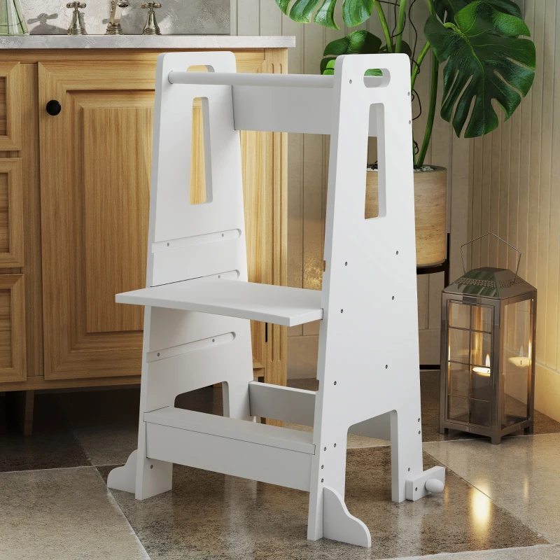 Qaba Height Adjustable Toddler Tower w/ Safety Rail, Handlbar, for Bathroom, Kitchen, White