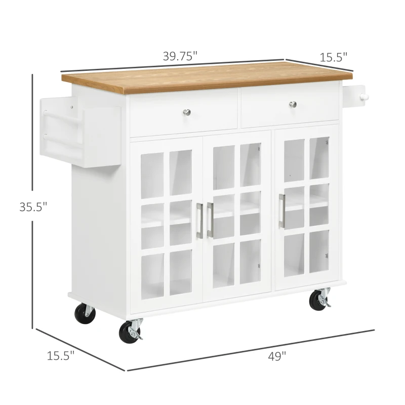 HOMCOM Rolling Kitchen Island with Storage, Utility Kitchen Cart with 2 Drawers, 2 Cupboards, Towel Rack and Spice Rack, Microwave Cart for Dining Room, White