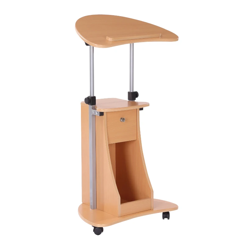 HOMCOM Mobile Laptop Cart,Sit-to-Stand Computer Desk with drawer, Height Adjustable Rolling Podium Desk Stand with Swivel Top & Storage, Beech Wood