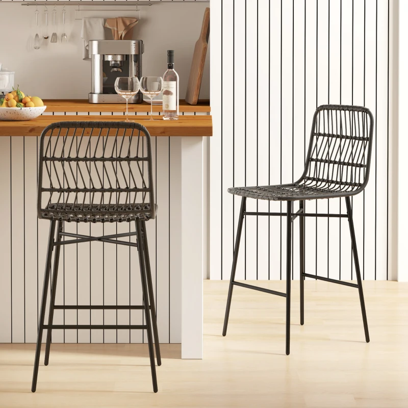 HOMCOM Rattan Counter Bar Stools Set of 2, 26" Counter Height Barstools with Back, Bar Chairs for Kitchen Island, Black