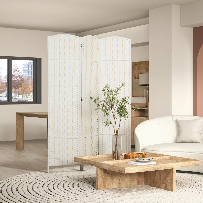 HOMCOM Room Divider, 3 Panel Folding Privacy Screen, 6FT Tall Portable Weave Partition Wall Divider for Bedroom, White