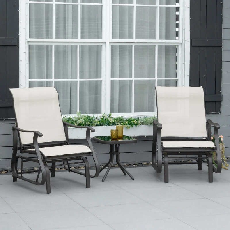 Outsunny 3-Piece Outdoor Gliders Set Bistro Set with Steel Frame, Tempered Glass Top Table for Patio, Garden, Backyard, Lawn, Cream White(m-10)