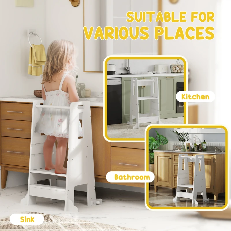 Qaba Height Adjustable Toddler Tower w/ Safety Rail, Handlbar, for Bathroom, Kitchen, White