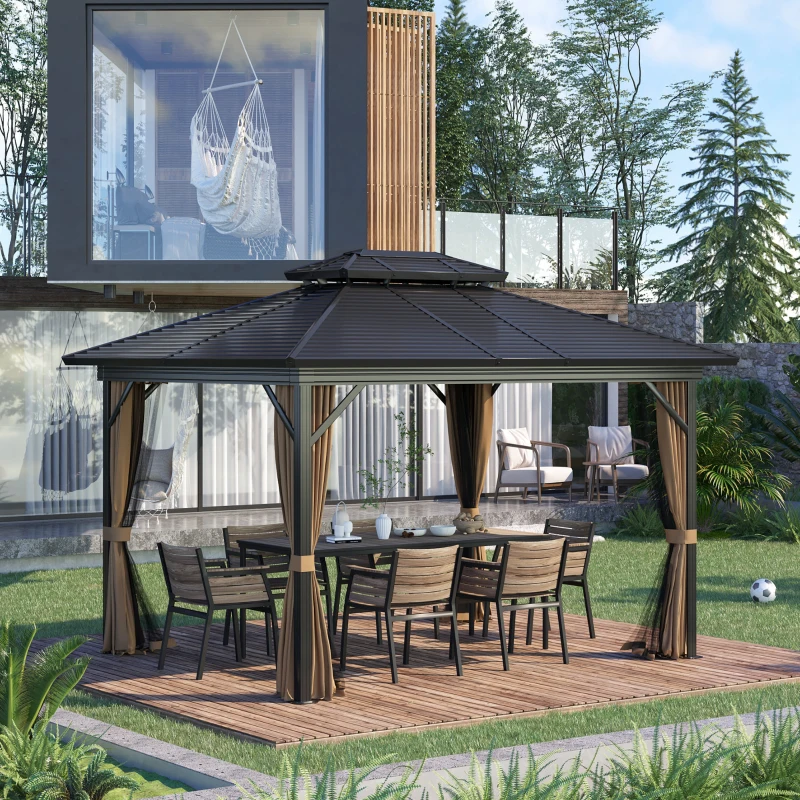 Outsunny 10' x 12' Hardtop Gazebo, Metal Roof Gazebo Canopy w/ Hook, Curtains and Netting included, Aluminum Frame, Dark Brown
