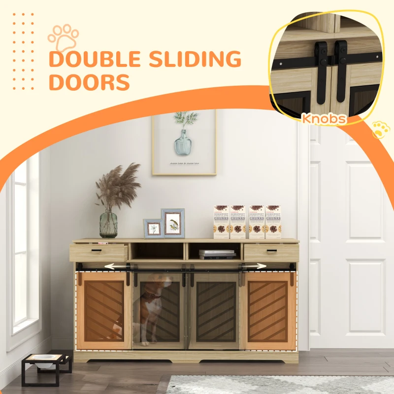 PawHut Modern Dog Kennel Furniture with Removable Divider, Storage, Drawers for 2 Medium Dogs or 1 Large Dog, Oak