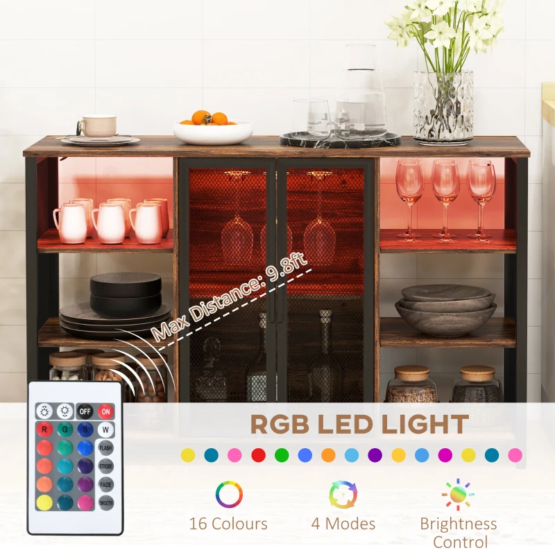 HOMCOM LED Wine Cabinet with Charging Station Glass Holders, Open Shelves, Rustic Brown