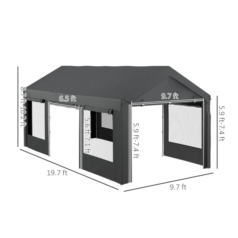 Outsunny 10' x 20' Carport, Heavy Duty Portable Garage, Height Adjustable, with 4 Mesh Windows and 4 Doors, Gray