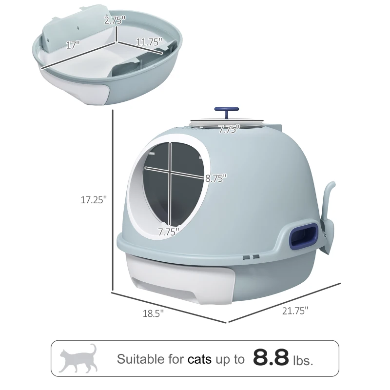 PawHut Cat Litter Box Toilet with Lid, Covered Litter Box with Scoop, Enclosed Drawer, and Skylight, Blue