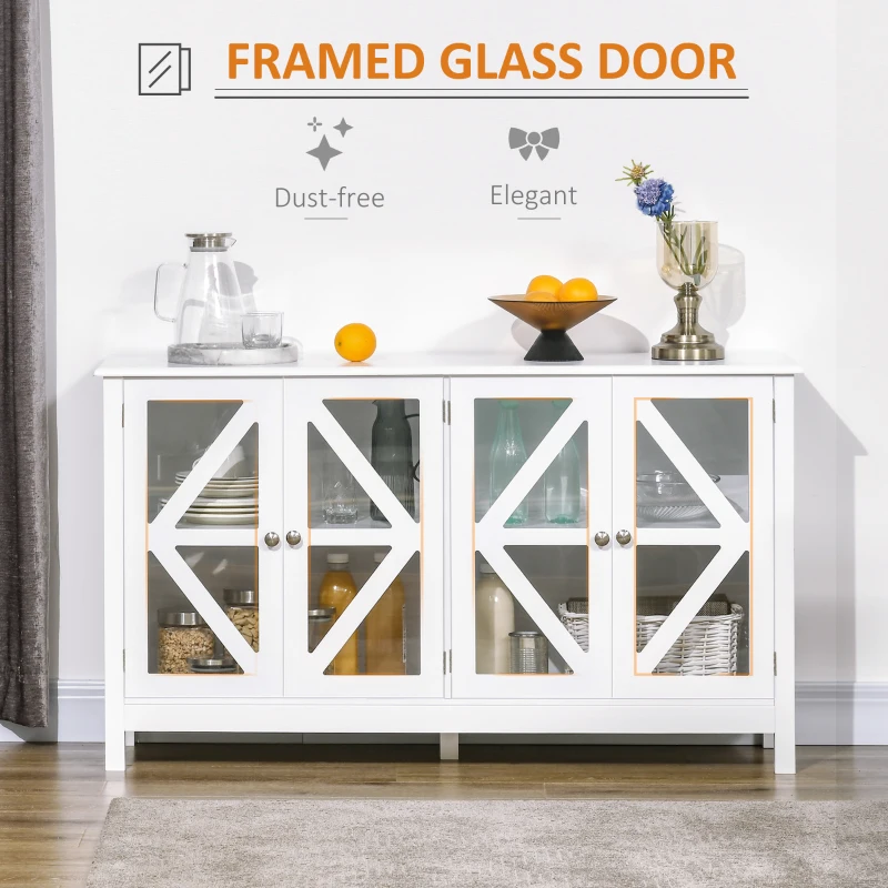 HOMCOM Sideboard, Buffet Cabinet with 4 Tempered Glass Doors and Adjustable Storage Shelf, Credenza, White