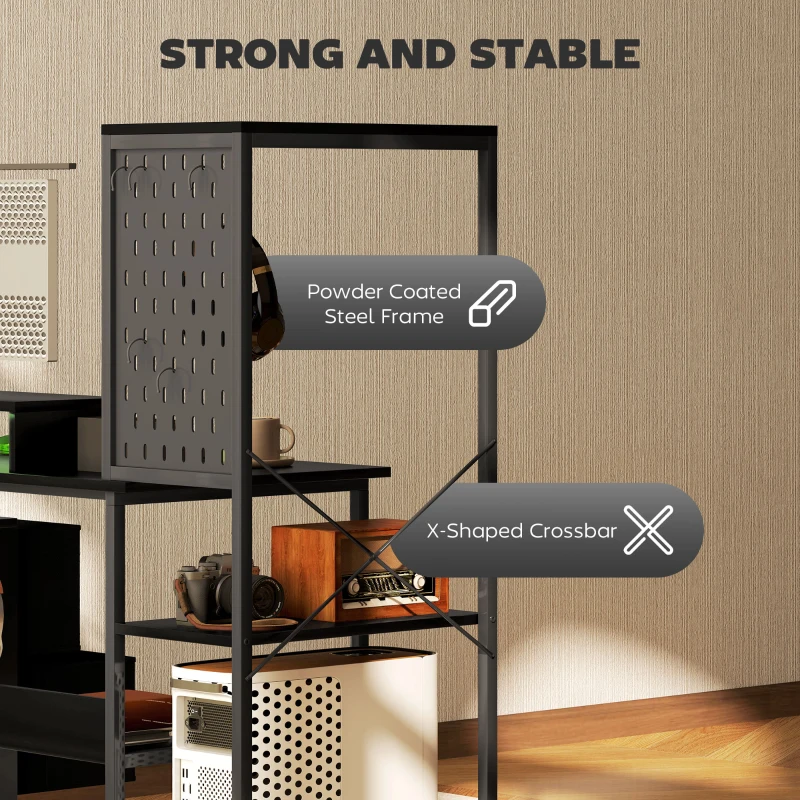 HOMCOM 56" Computer Desk with Storage, Computer Table with Power Outlets and LED Lights, Black