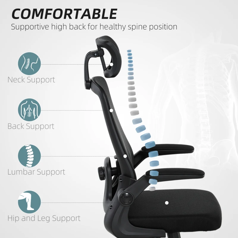 HOMCOM Mesh Office Chair, Ergonomic Desk Chair with Flip-up Armrest, Rotatable Headrest, Adjustable Lumbar Support, Black