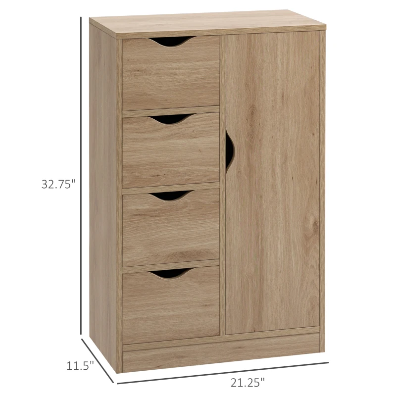 HOMCOM Freestanding Storage Cabinet, Bathroom Floor Cabinet with 4 Drawers and Door, Oak