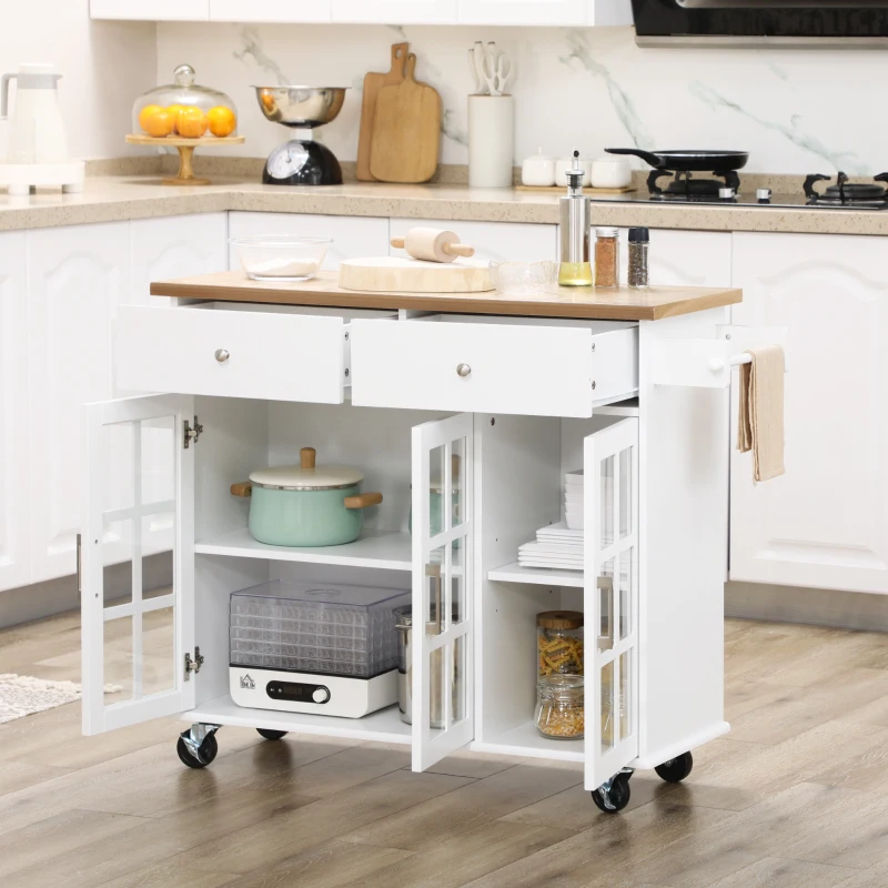 HOMCOM Rolling Kitchen Island with Storage, Utility Kitchen Cart with 2 Drawers, 2 Cupboards, Towel Rack and Spice Rack, Microwave Cart for Dining Room, White