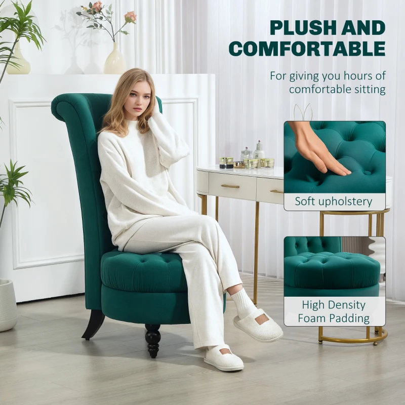 HOMCOM Retro High Back Armless Royal Accent Chair Fabric Upholstered Tufted Seat for Living Room, Dining Room and Bedroom, Green