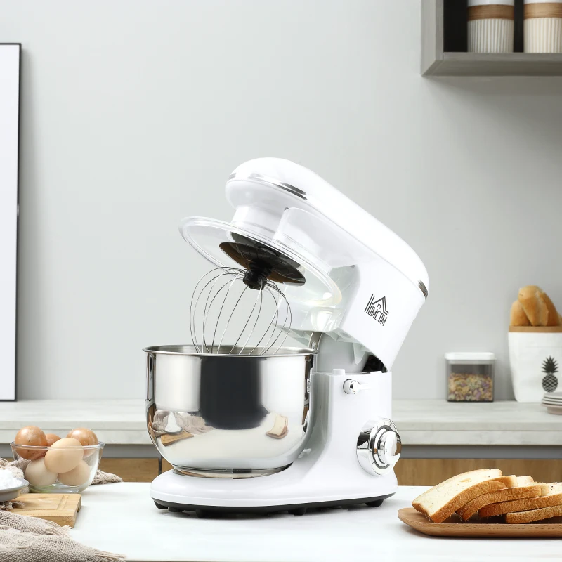 HOMCOM Stand Mixer with 6+1P Speed, 600W Tilt Head Kitchen Electric Mixer with 6 Qt Stainless Steel Mixing Bowl, Beater, Dough Hook and Splash Guard for Baking Bread, Cakes, and Cookies, White