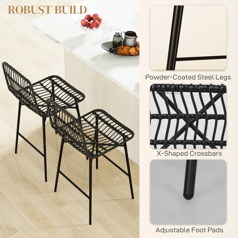 HOMCOM Rattan Counter Bar Stools Set of 2, 26" Counter Height Barstools with Back, Bar Chairs for Kitchen Island, Black