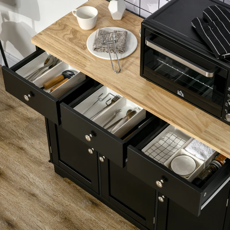 HOMCOM Kitchen Storage Cabinet, Sideboard Floor Cupboard with Solid Wood Top, Adjustable Shelf, and 3 Drawers, Black