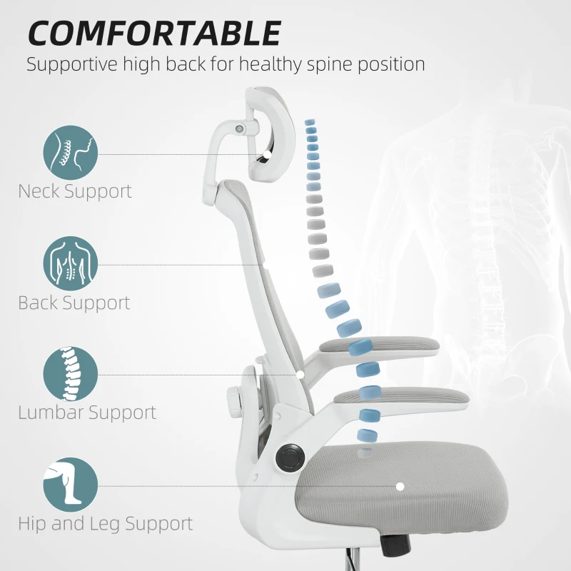 HOMCOM Mesh Office Chair, Ergonomic Desk Chair with Flip-up Armrest, Rotatable Headrest, Adjustable Lumbar Support, Gray