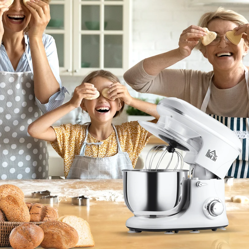 HOMCOM Stand Mixer with 6+1P Speed, 600W Tilt Head Kitchen Electric Mixer with 6 Qt Stainless Steel Mixing Bowl, Beater, Dough Hook and Splash Guard for Baking Bread, Cakes, and Cookies, White
