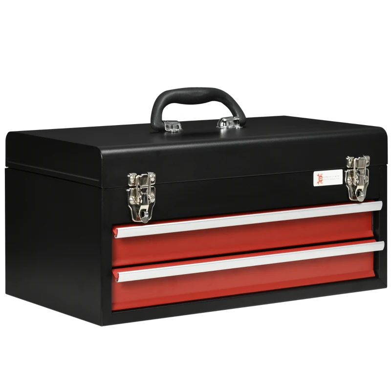 DURHAND 8.7" Portable Metal Tool Box with Metal Latch Closure, 2 Drawer Lockable Tool Chest with Ball-bearing Slider for Garage, Household and Warehouse, Red
