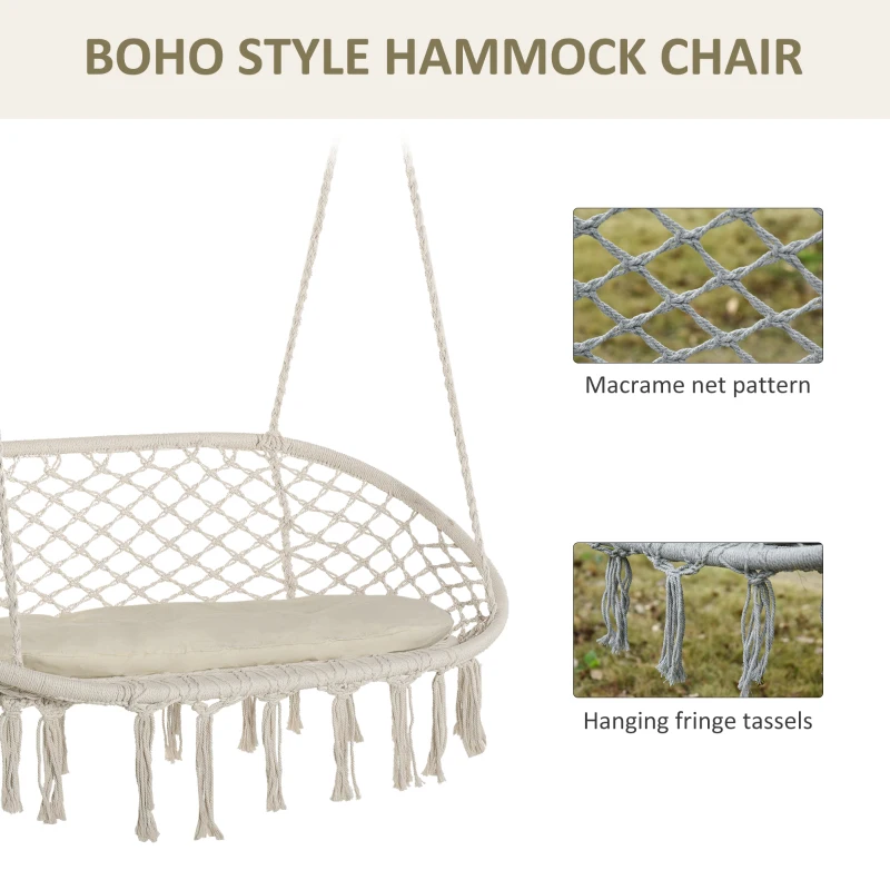 Outsunny Patio Hammock Chair 2 Seat, Hanging Rope Hammock Swing Chair with Metal Frame and Cushion, Large Macrame Seat for Indoor and Outdoor 396 lbs Capacity, Cream White
