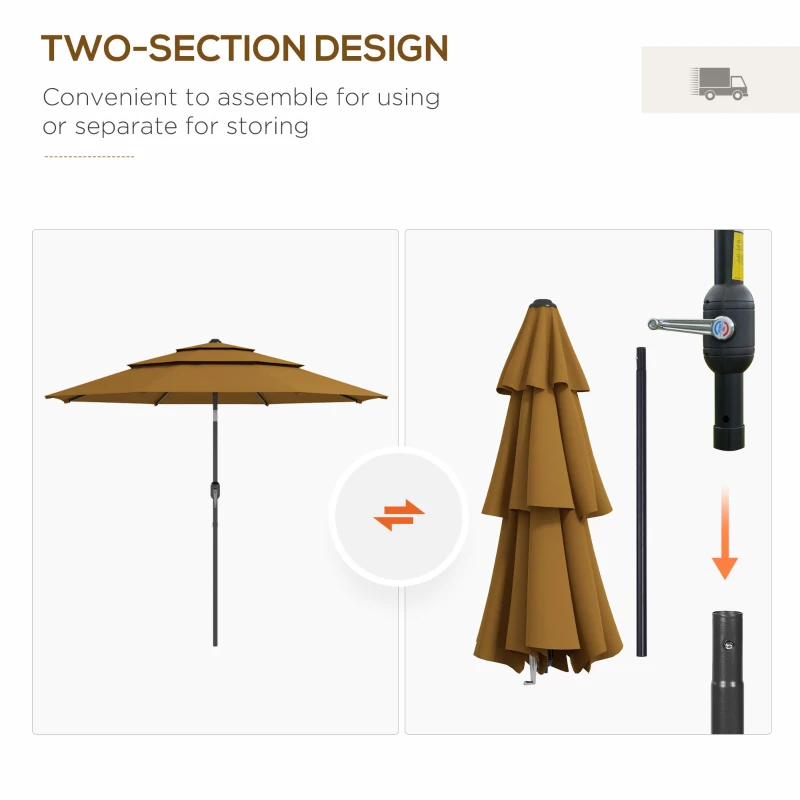 Outsunny 9FT 3 Tiers Outdoor Patio Umbrella with Crank, Push Button Tilt for Deck, Backyard and Lawn, Tan