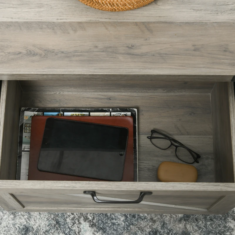 HOMCOM Farmhouse Coffee Table with Storage and Drawer, Rustic Coffee Table for Living Room, Open Shelf, Gray Oak