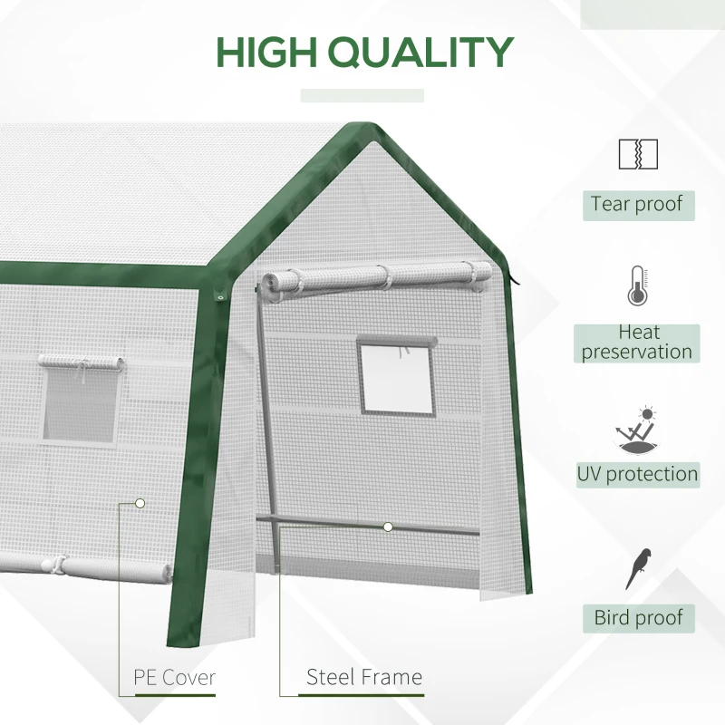 Outsunny 19.7' x 10' x 8' Outdoor Walk-in Greenhouse, Hot House with Mesh Windows, Bottom Vent, Zippered Door, PE Cover, Heavy Duty Steel Frame, White