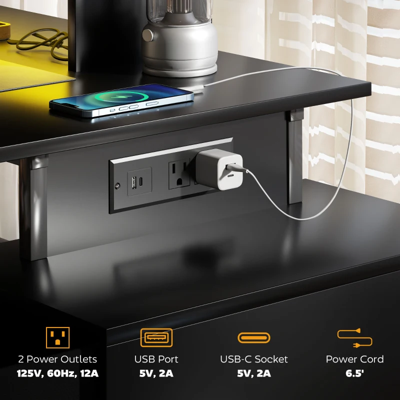 HOMCOM 56" Computer Desk with Storage, Computer Table with Power Outlets and LED Lights, Black